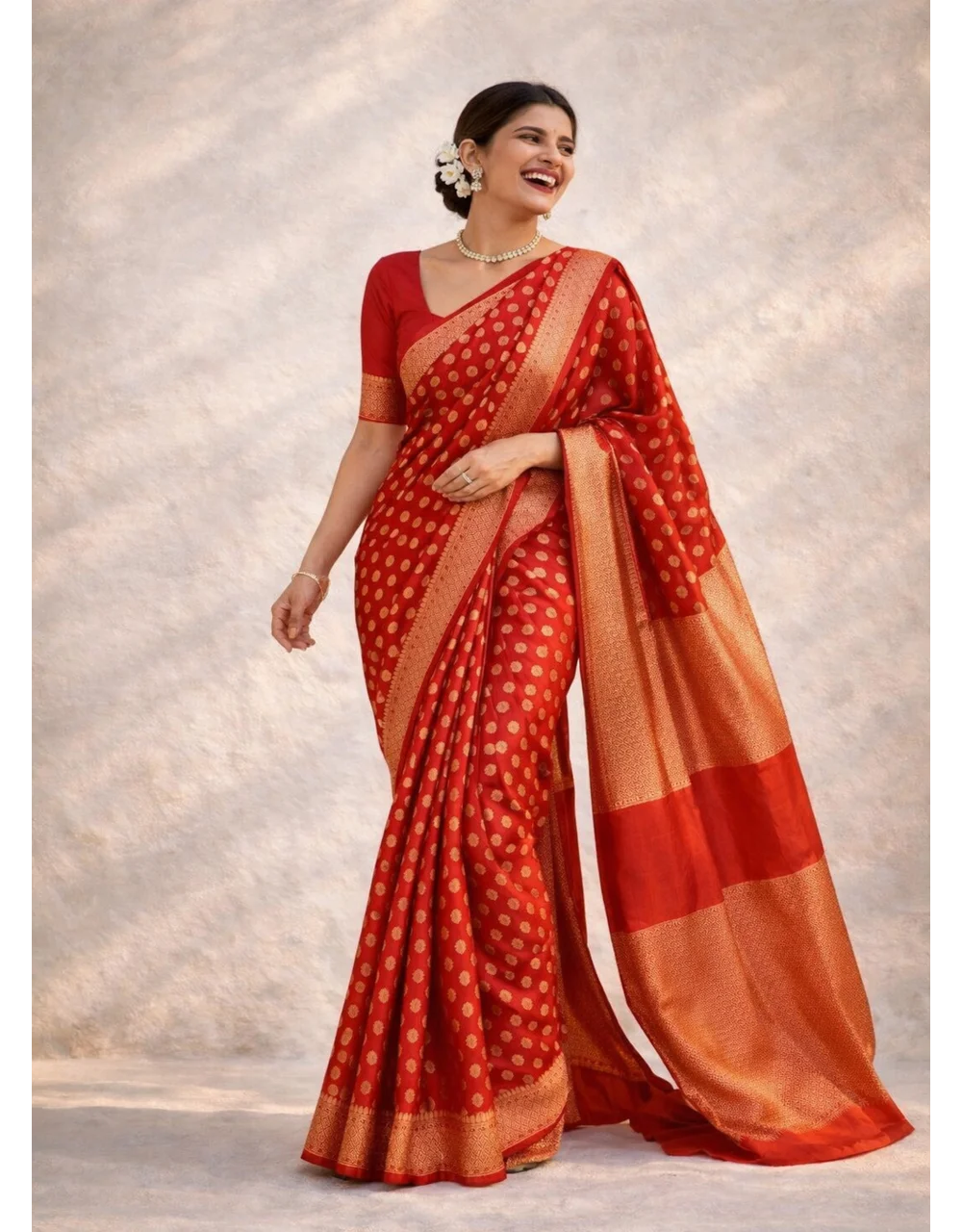 Red Radiance Cotton Zari Saree With All Over Booti And Traditional Border