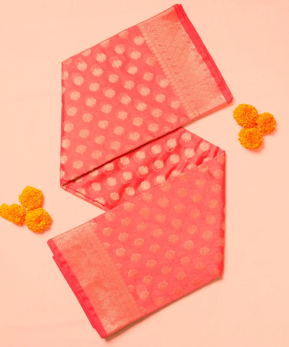 Hovered view of Red Radiance Cotton Zari Saree With All Over Booti And Traditional Border