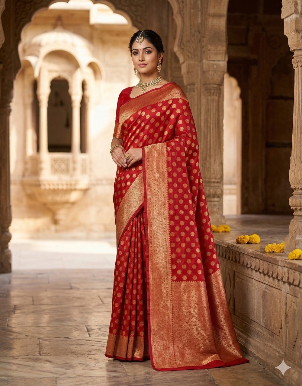 Hovered view of Red Radiance Cotton Zari Saree With All Over Booti And Traditional Border