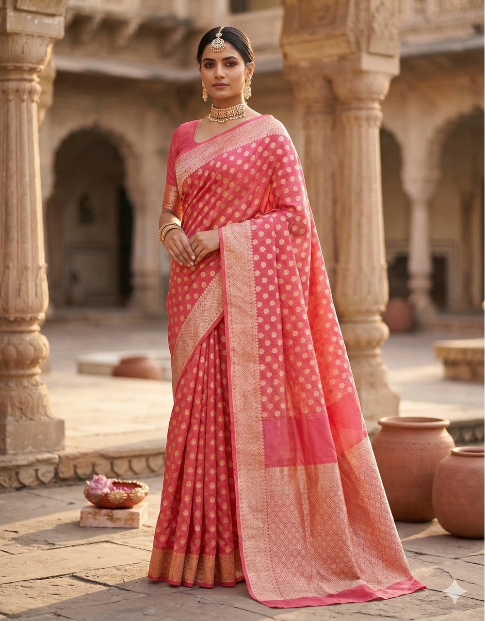 Pink Radiance Cotton Zari Saree With All Over Booti And Traditional Border