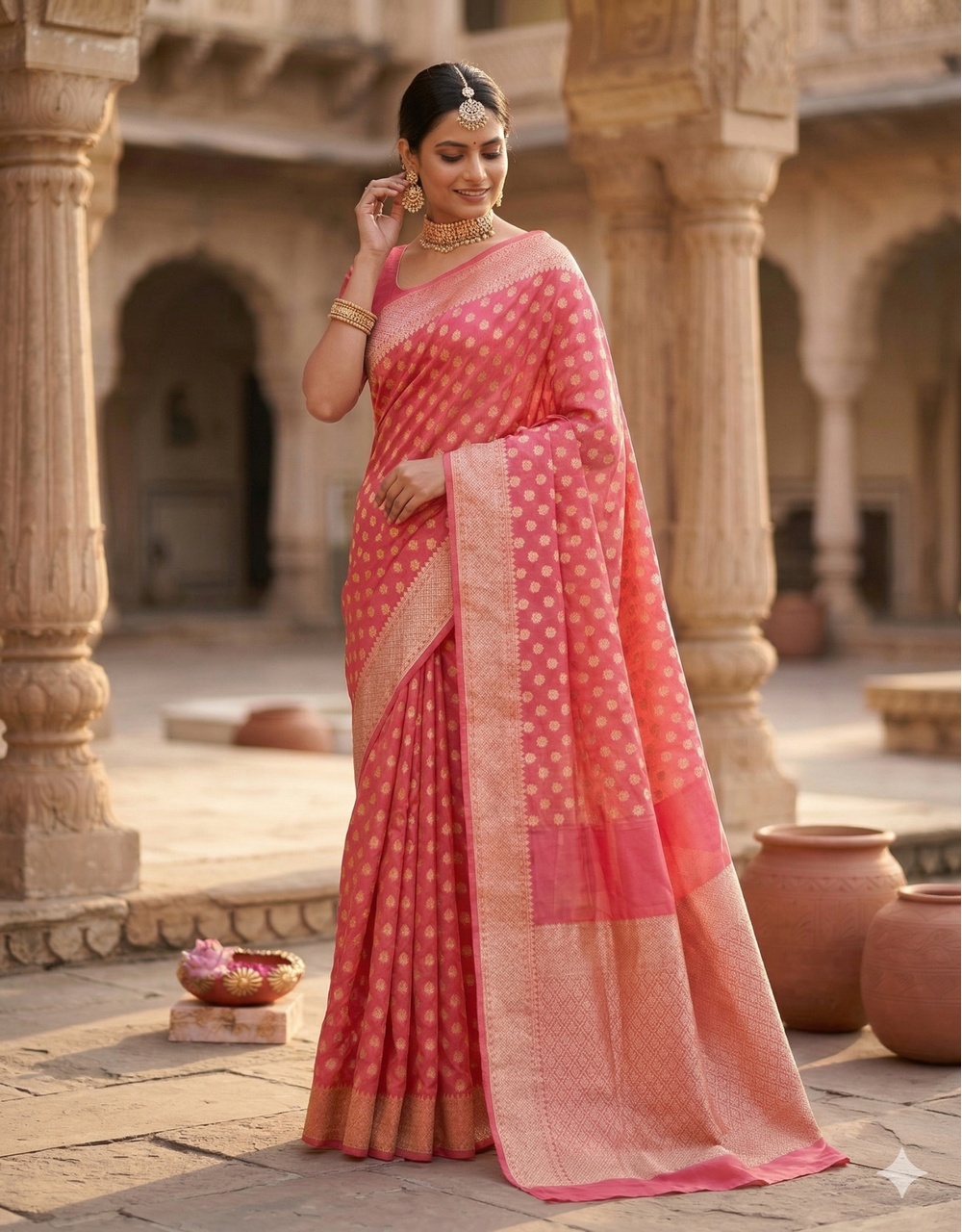 Hovered view of Pink Radiance Cotton Zari Saree With All Over Booti And Traditional Border
