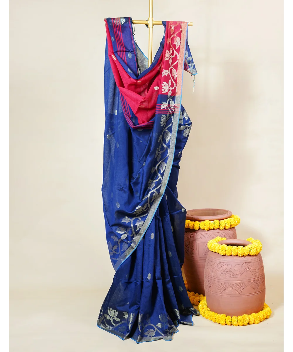 Indigo Blue Handloom Silk Saree With Contrast Red Pallu