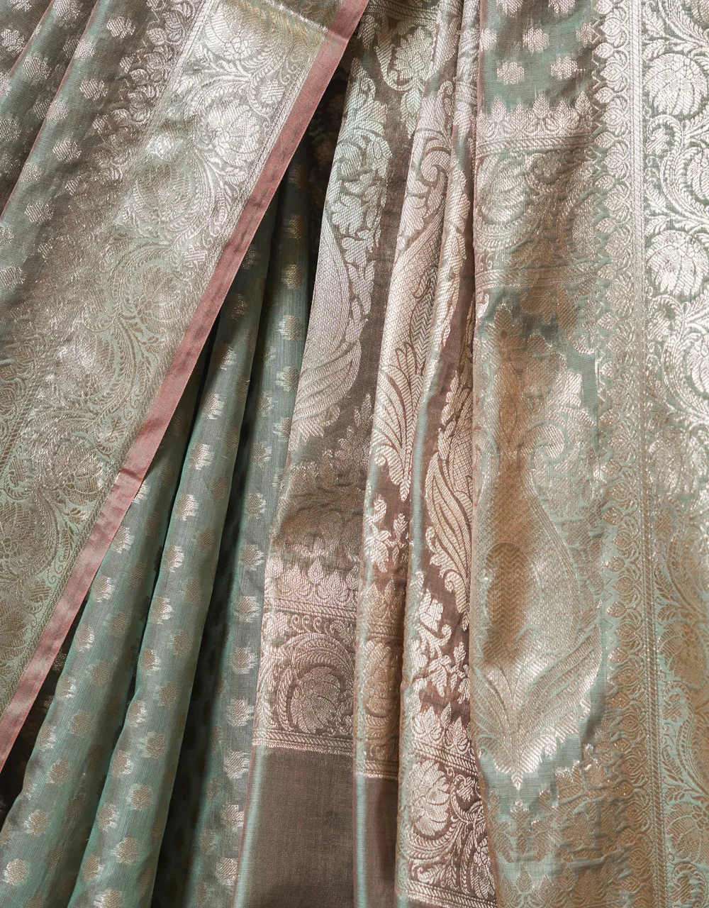 Green Dual Tone Cotton Mercerised Saree With Silver Zari Booti And Floral Border - View 6