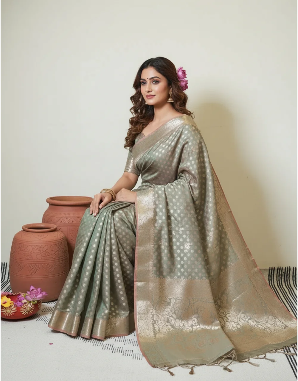 Hovered image of Green Dual Tone Cotton Mercerised Saree With Silver Zari Booti And Floral Border