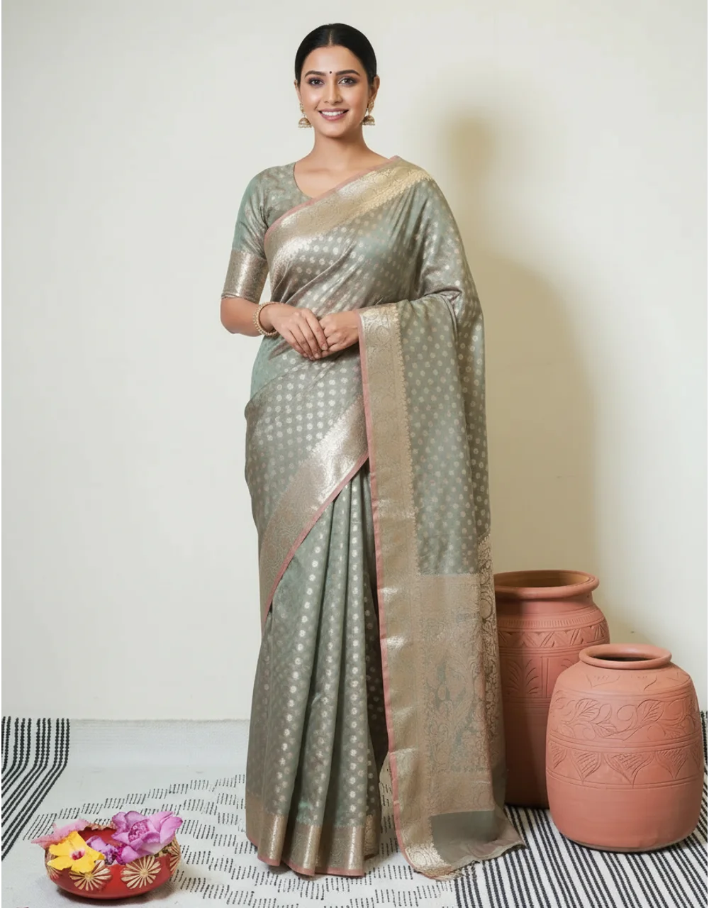Green Dual Tone Cotton Mercerised Saree With Silver Zari Booti And Floral Border