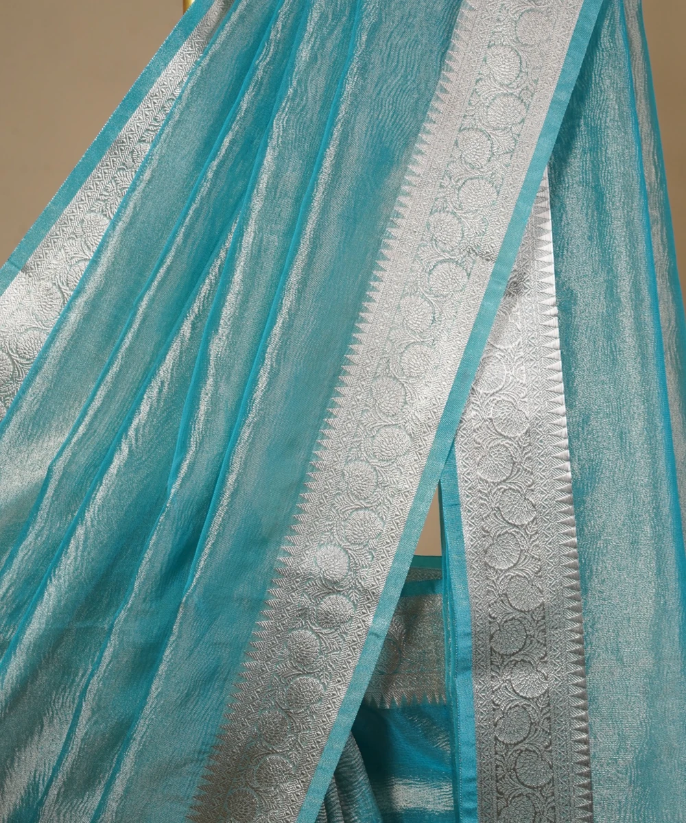 Light Blue Silver Zari Banarasi Crust Tissue Saree - View 3