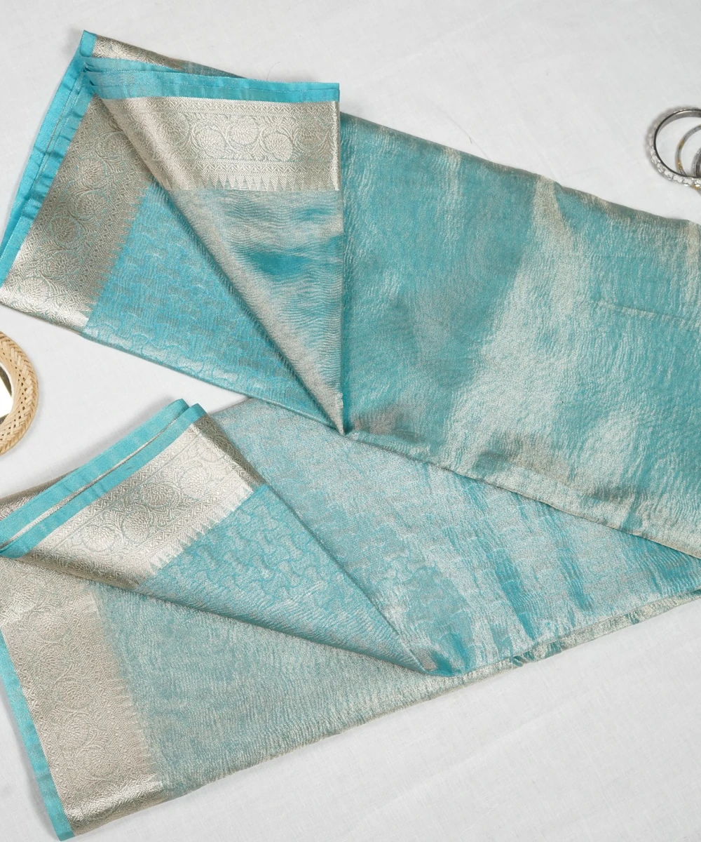 Light Blue Silver Zari Banarasi Crust Tissue Saree - View 2