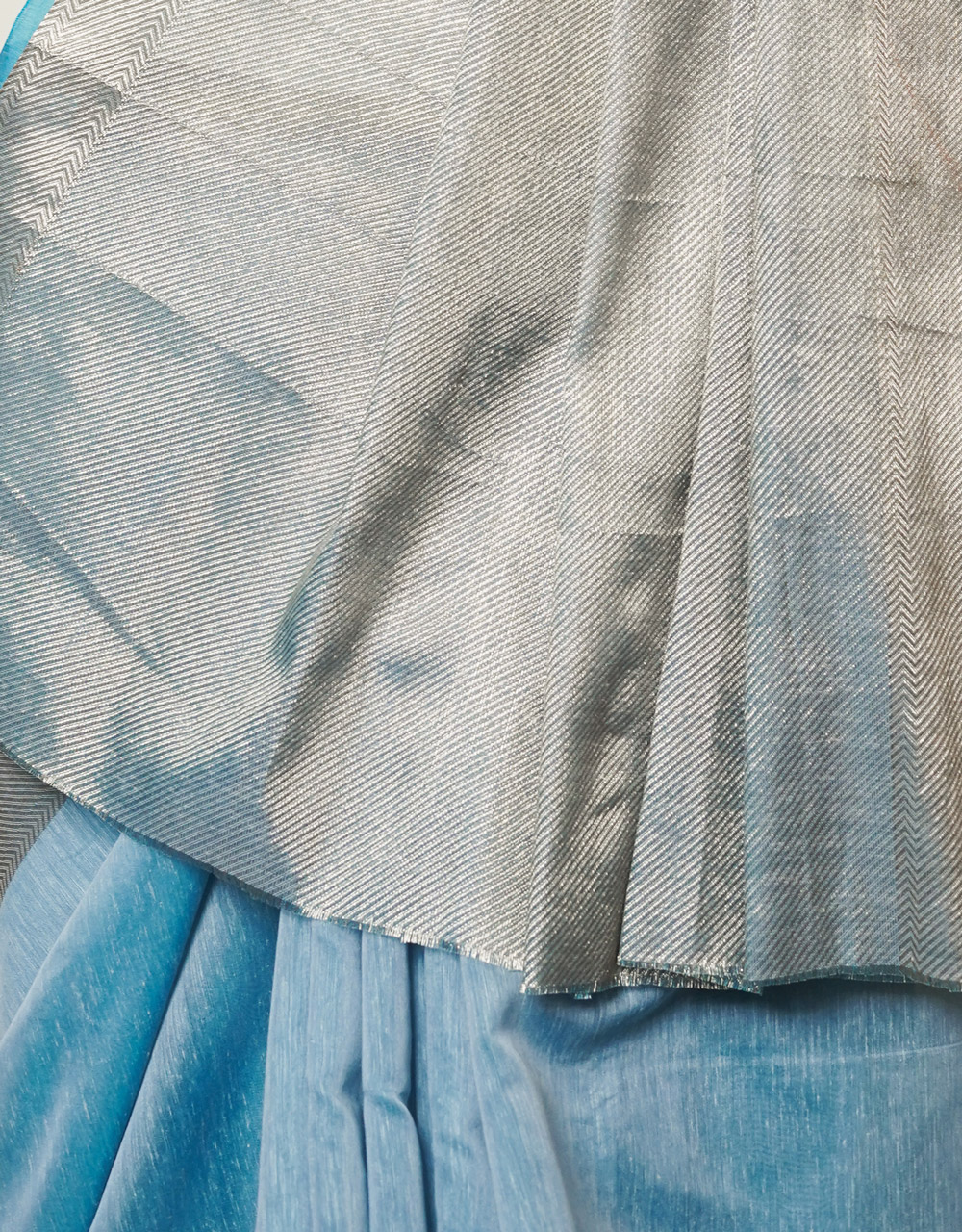 Light Blue Banarasi Silver Zari Cotton Mercerised Saree - View 4