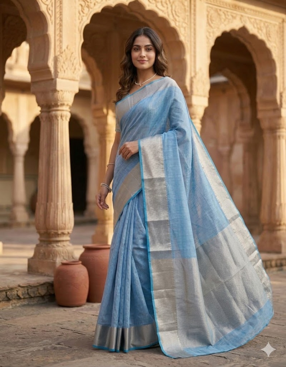 Light Blue Banarasi Silver Zari Cotton Mercerised Saree