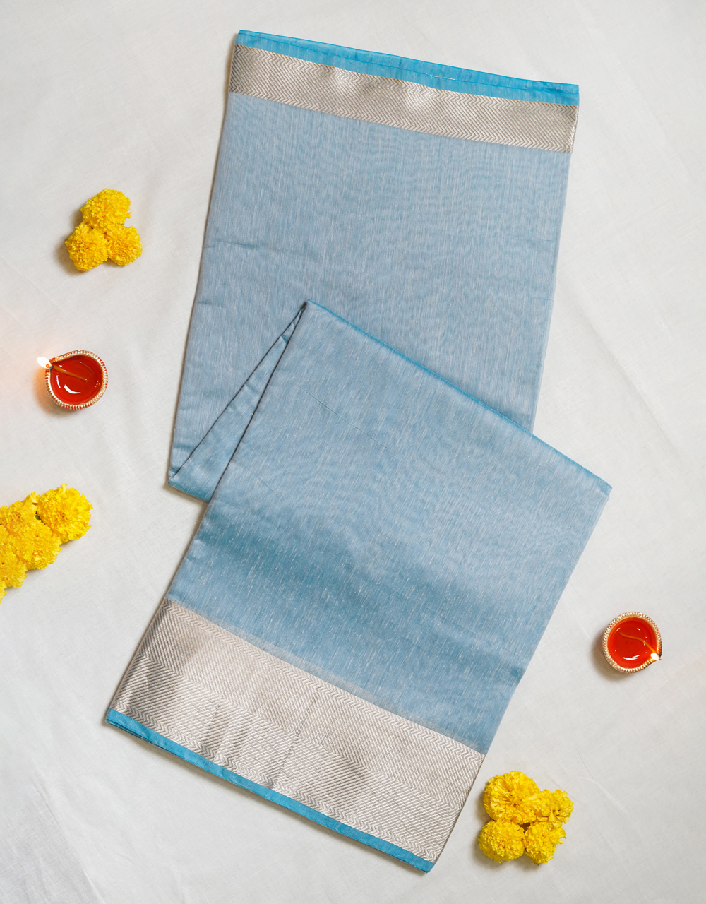 Hovered view of Light Blue Banarasi Silver Zari Cotton Mercerised Saree