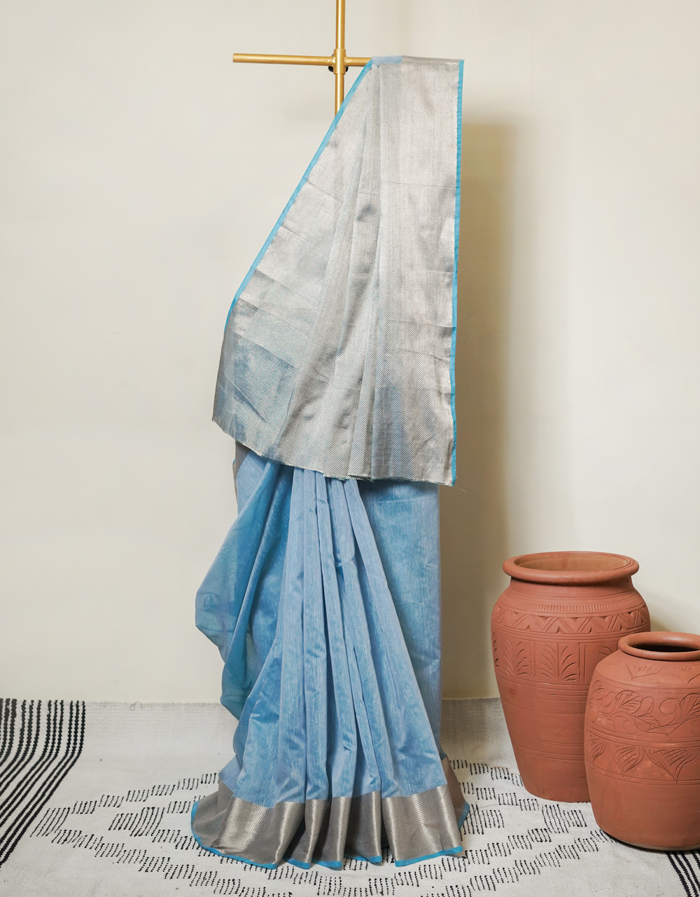 Light Blue Banarasi Silver Zari Cotton Mercerised Saree