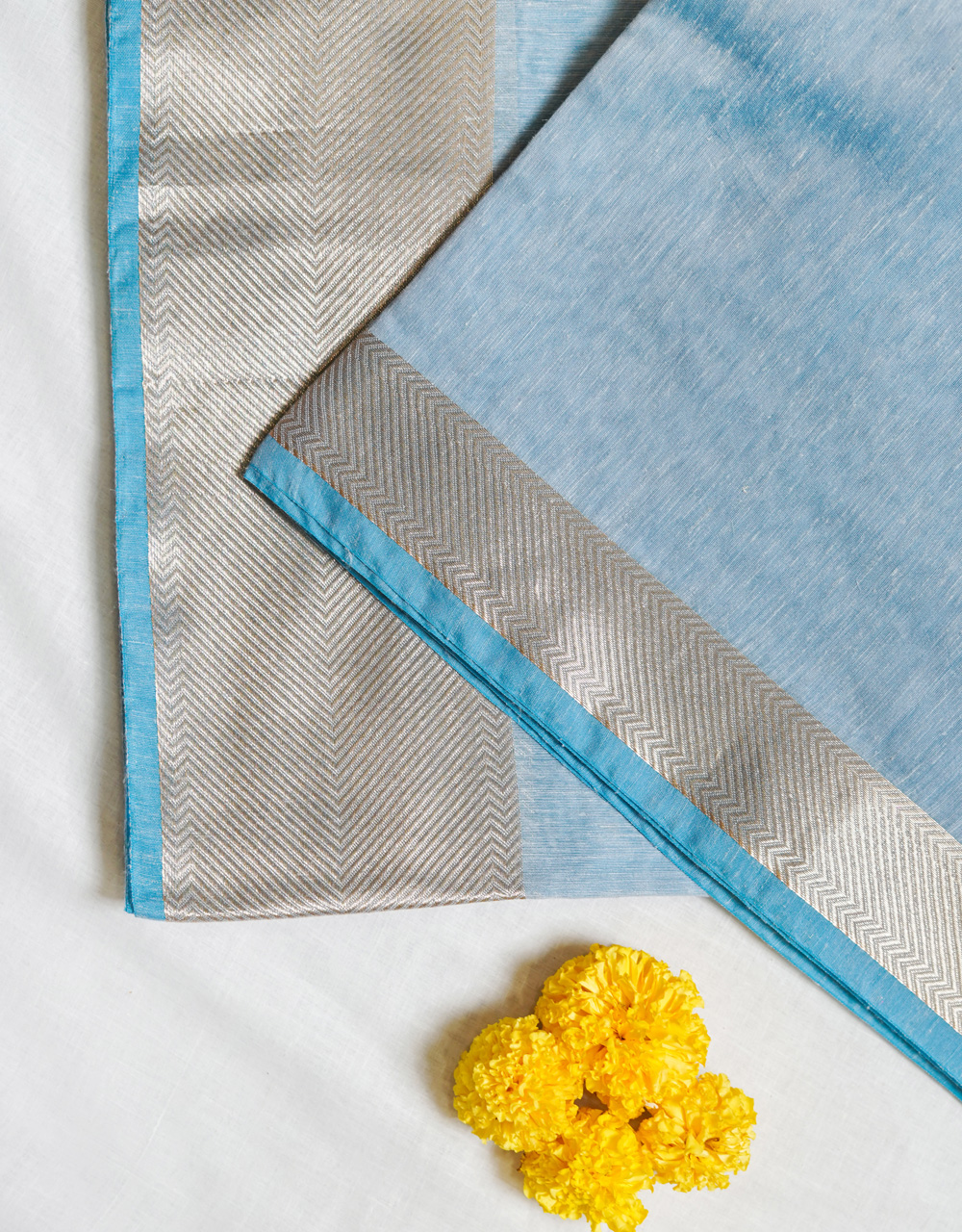 Light Blue Banarasi Silver Zari Cotton Mercerised Saree - View 3