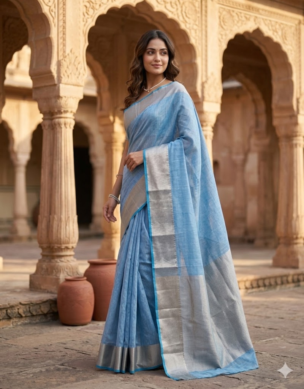 Hovered view of Light Blue Banarasi Silver Zari Cotton Mercerised Saree