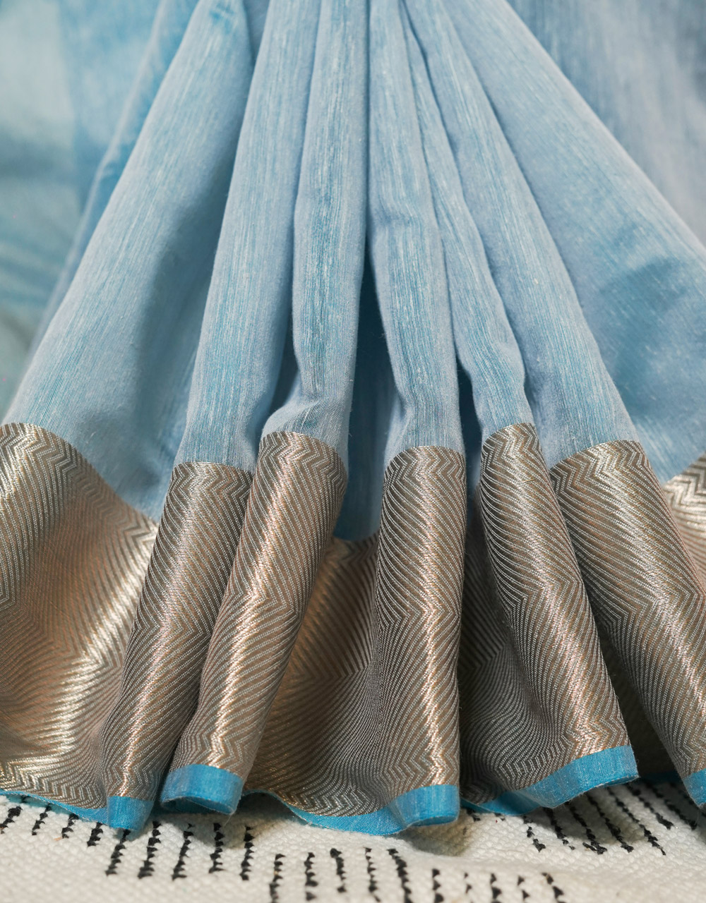 Light Blue Banarasi Silver Zari Cotton Mercerised Saree - View 5
