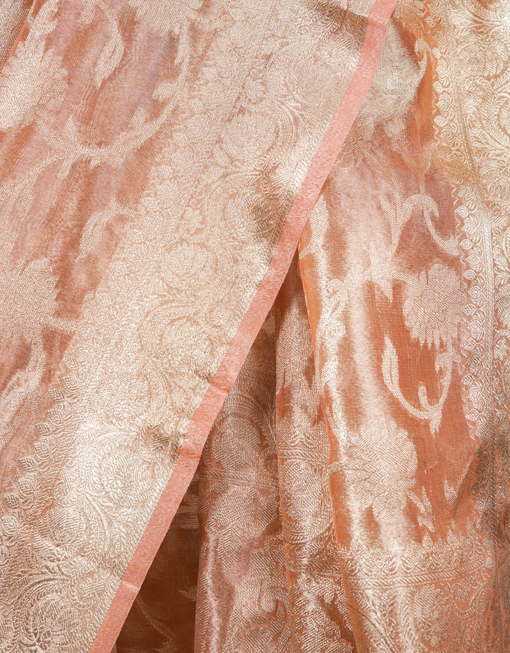 Peach Cotton Tissue Saree With Zari Floral Booti Weave - View 6