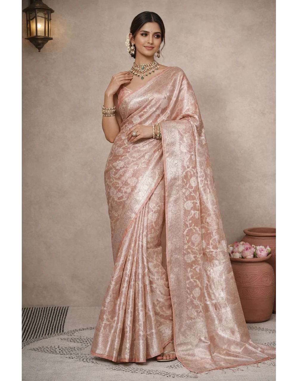 Peach Cotton Tissue Saree With Zari Floral Booti Weave