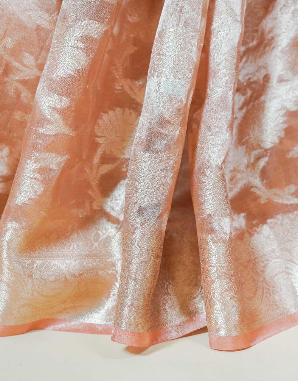 Peach Cotton Tissue Saree With Zari Floral Booti Weave - View 7