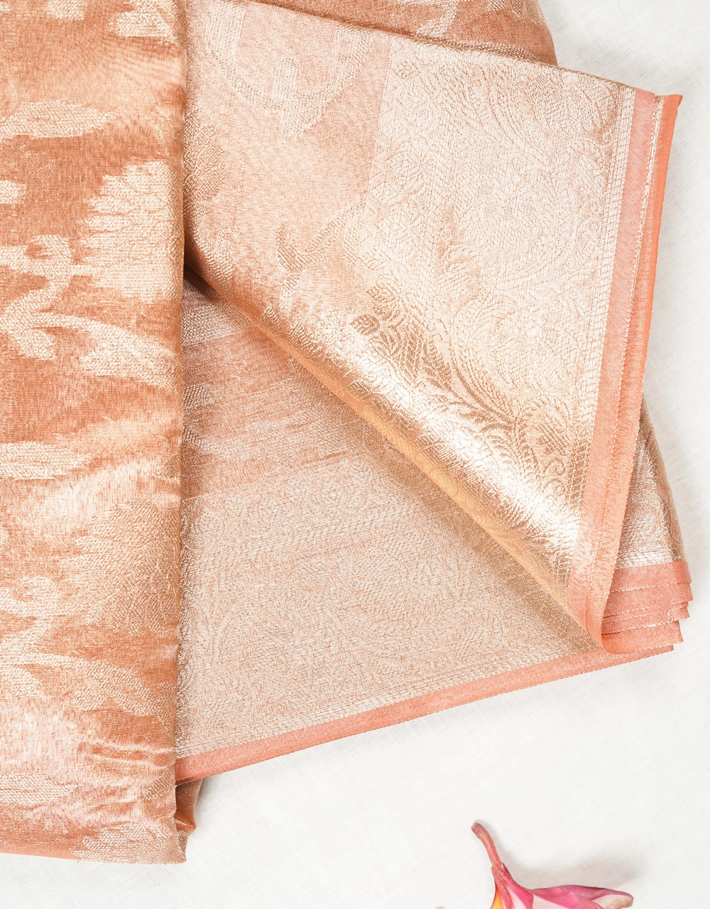 Peach Cotton Tissue Saree With Zari Floral Booti Weave - View 5