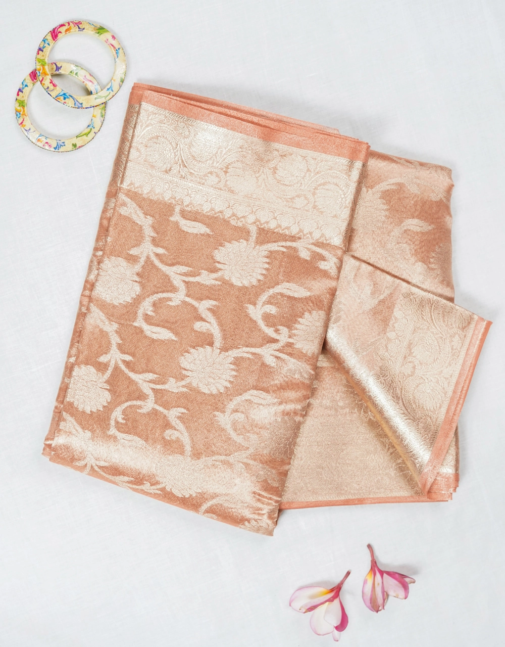 Peach Cotton Tissue Saree With Zari Floral Booti Weave - View 4
