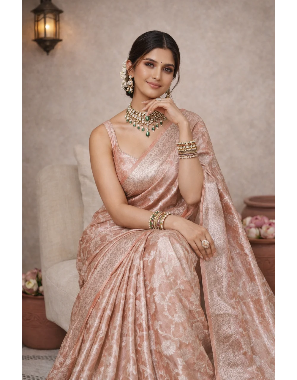 Hovered view of Peach Cotton Tissue Saree With Zari Floral Booti Weave