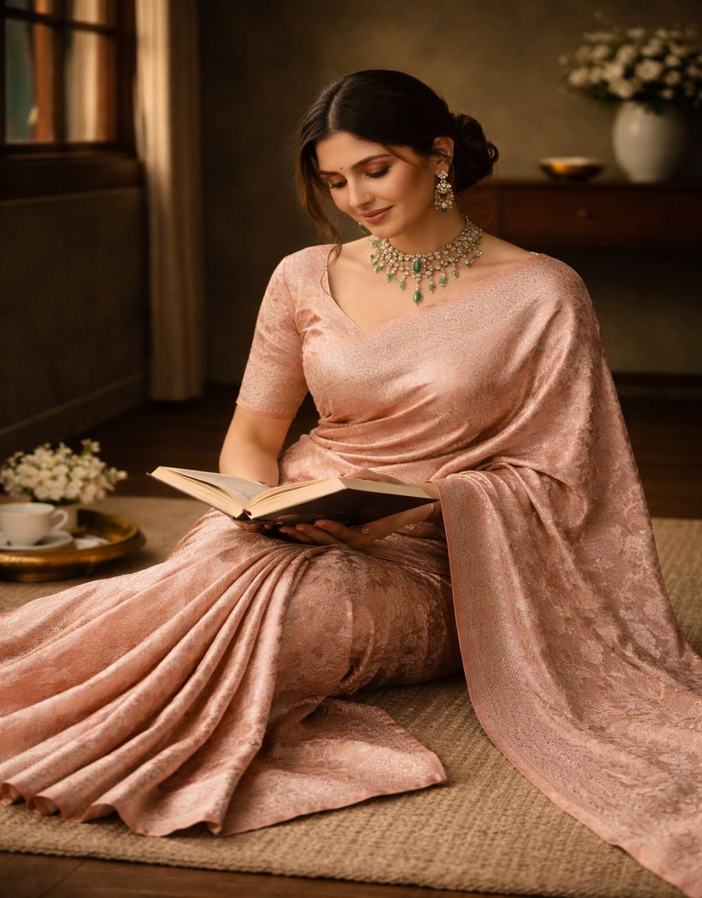 Hovered view of Peach Cotton Tissue Saree With Zari Floral Booti Weave