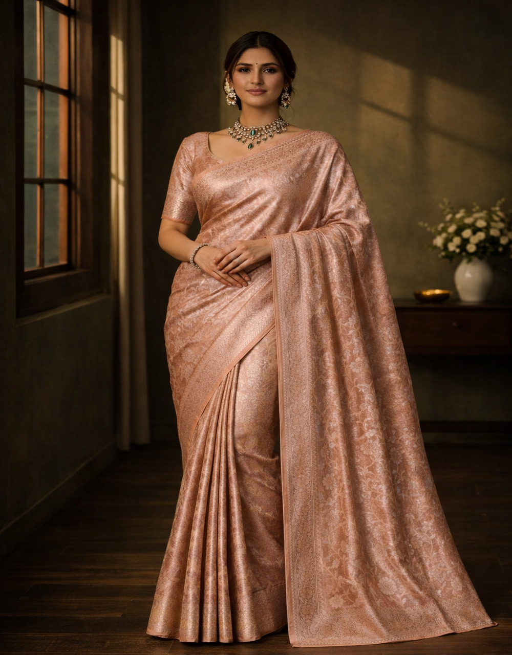 Peach Cotton Tissue Saree With Zari Floral Booti Weave