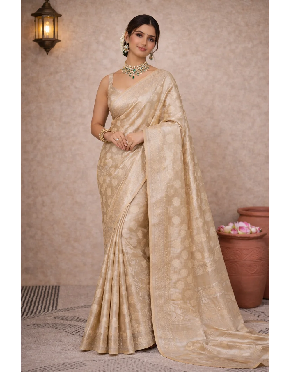 Green Cotton Tissue Banarasi Saree With Zari Buta Weave