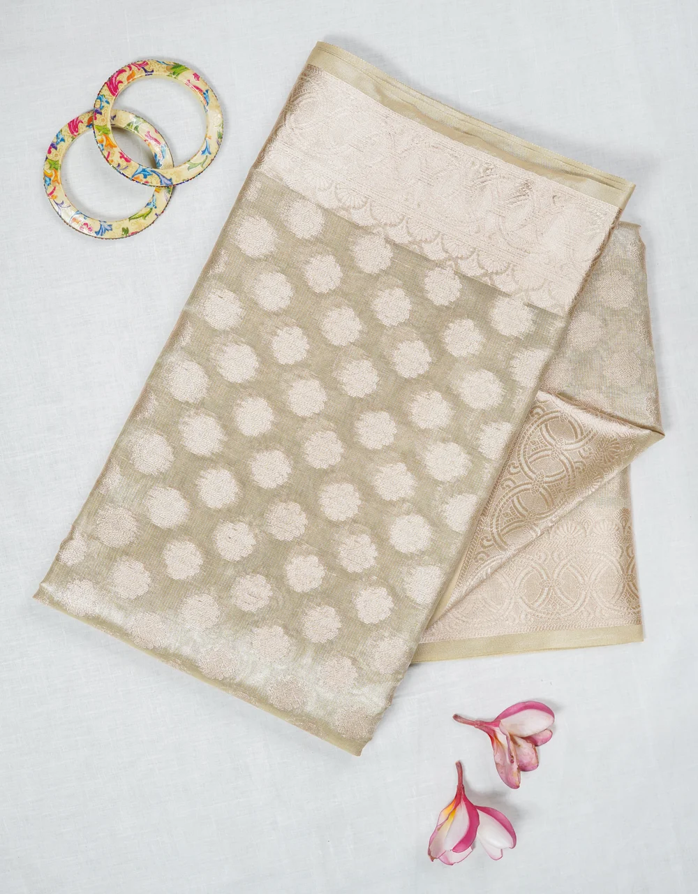 Green Cotton Tissue Banarasi Saree With Zari Buta Weave - View 4