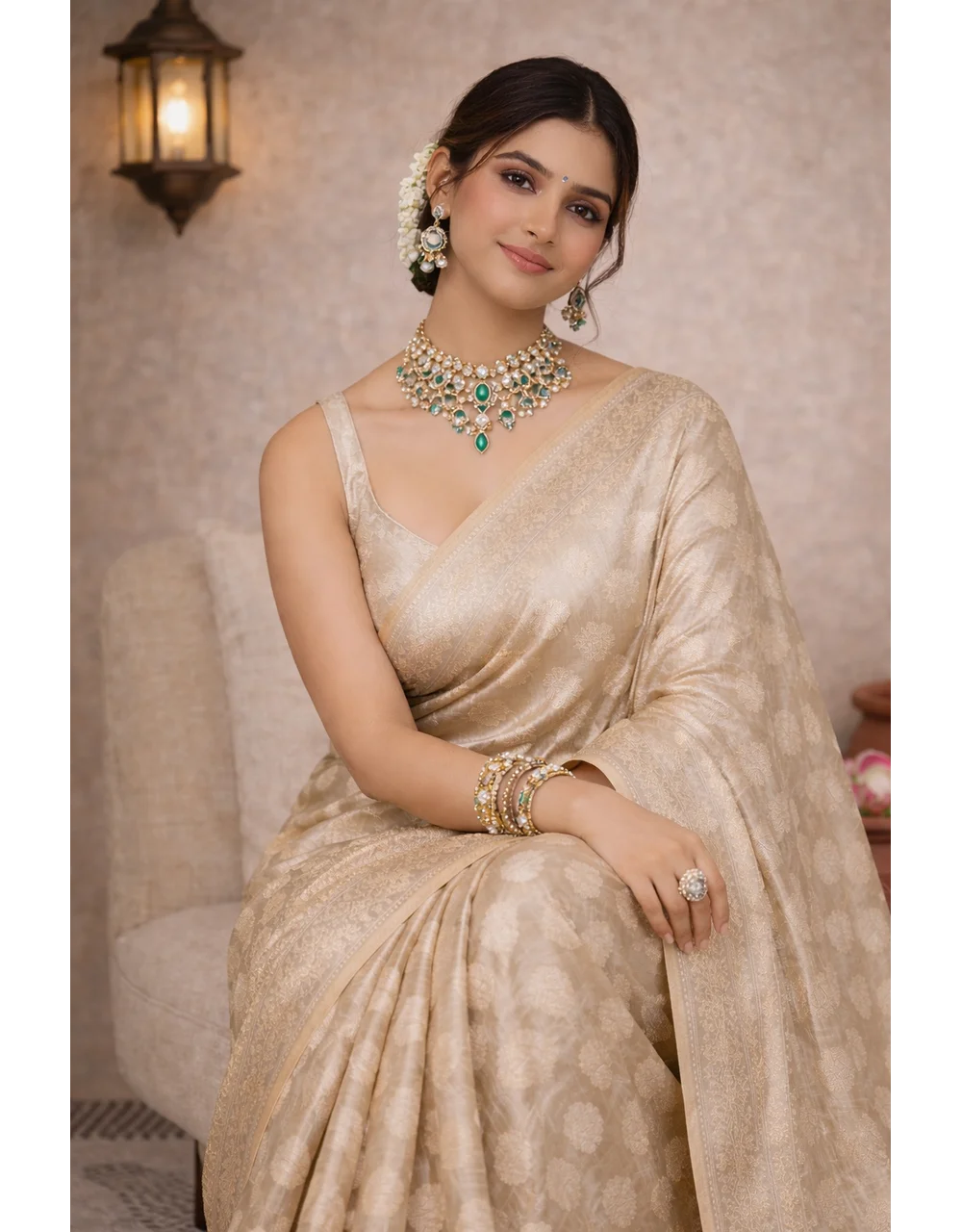 Hovered view of Green Cotton Tissue Banarasi Saree With Zari Buta Weave