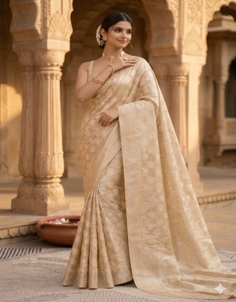 Hovered view of Green Cotton Tissue Banarasi Saree With Zari Buta Weave