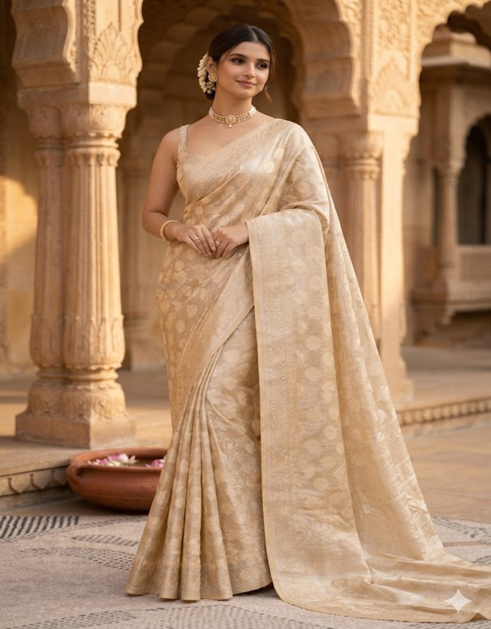 Green Cotton Tissue Banarasi Saree With Zari Buta Weave