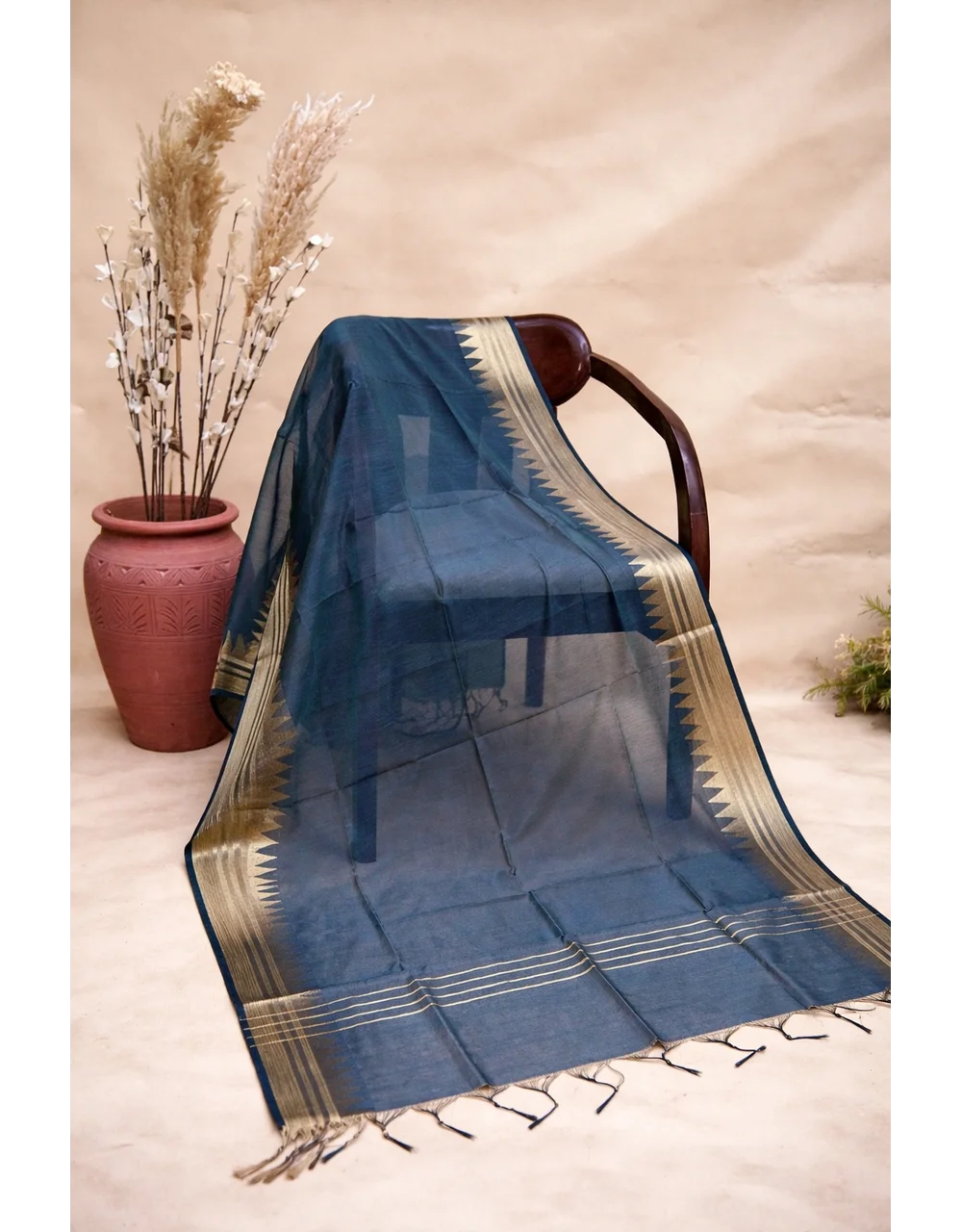 Hovered view of Grey And Gold Poly Cotton Chanderi Temple Border Dupatta