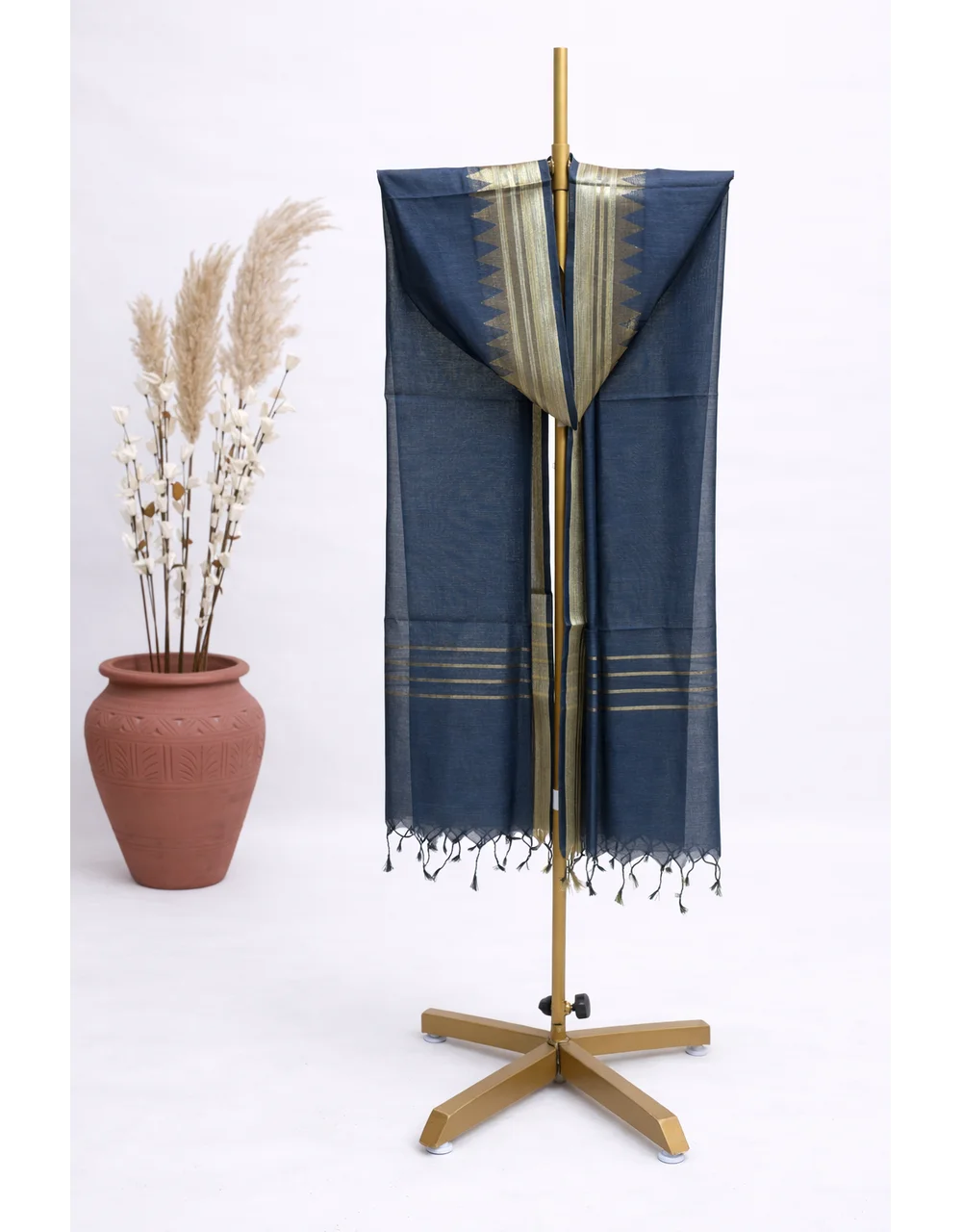 Grey And Gold Poly Cotton Chanderi Temple Border Dupatta - View 4