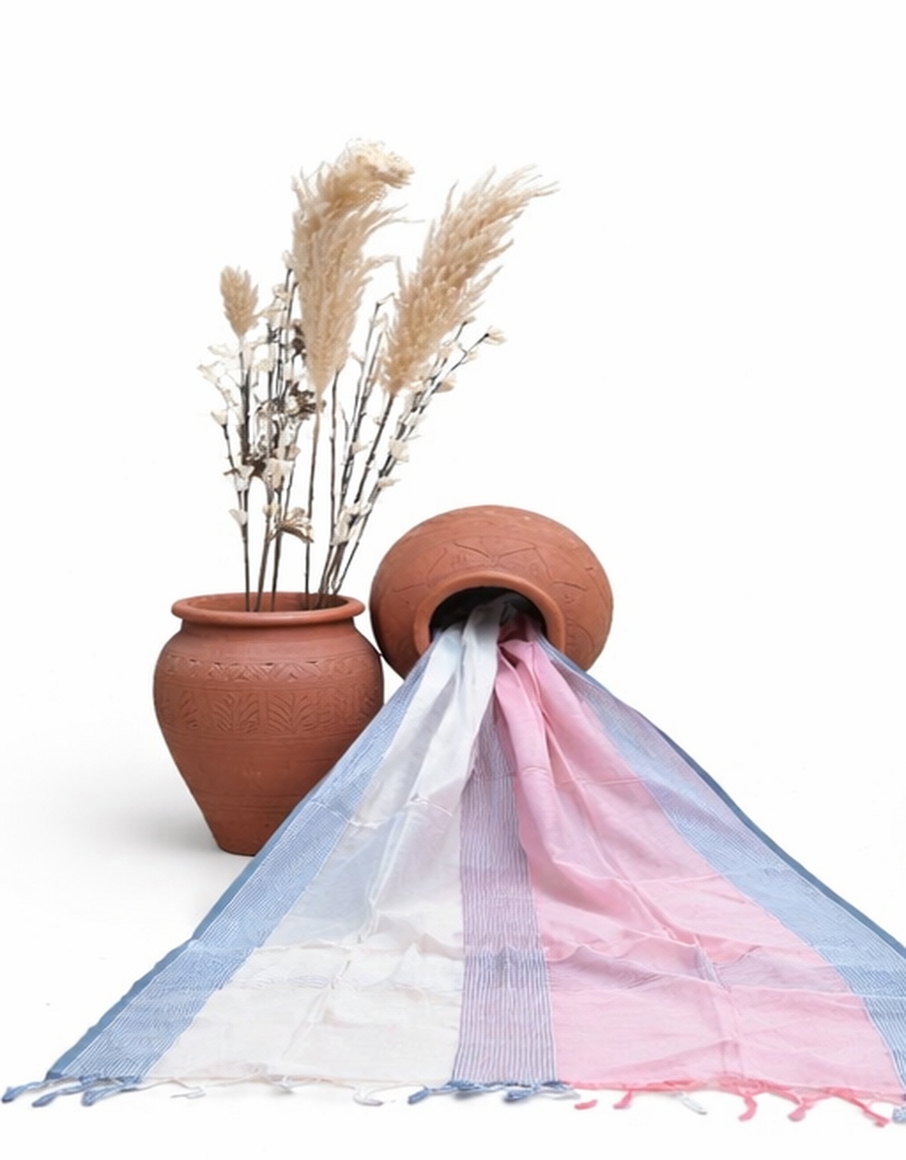 Pink And Grey Striped Chanderi Poly Cotton Dupatta - View 3