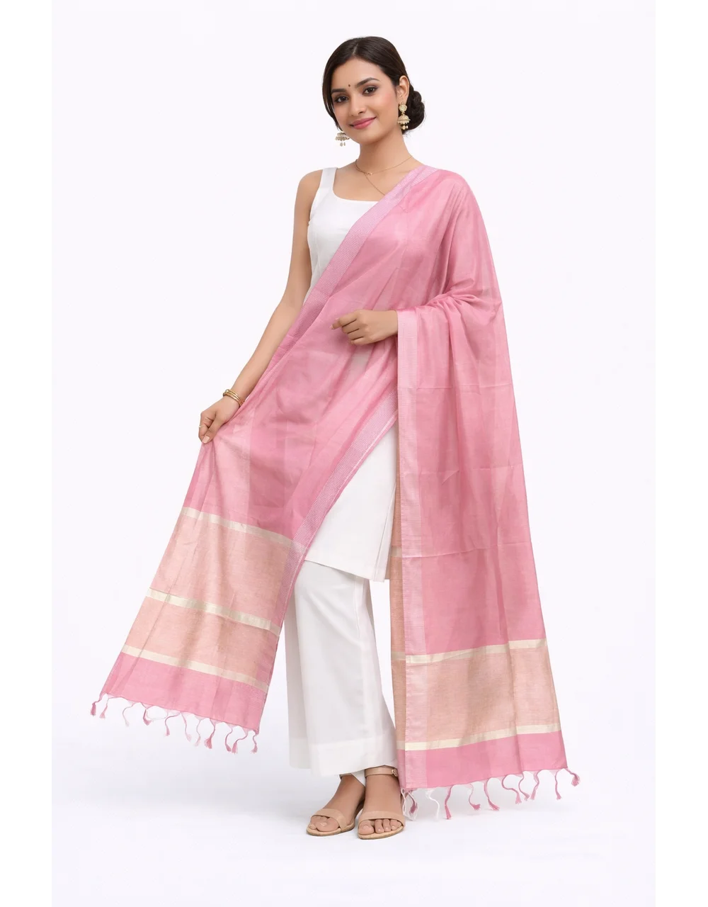 Pink Chanderi Poly Cotton Dupatta With Subtle Gold Border - View 3