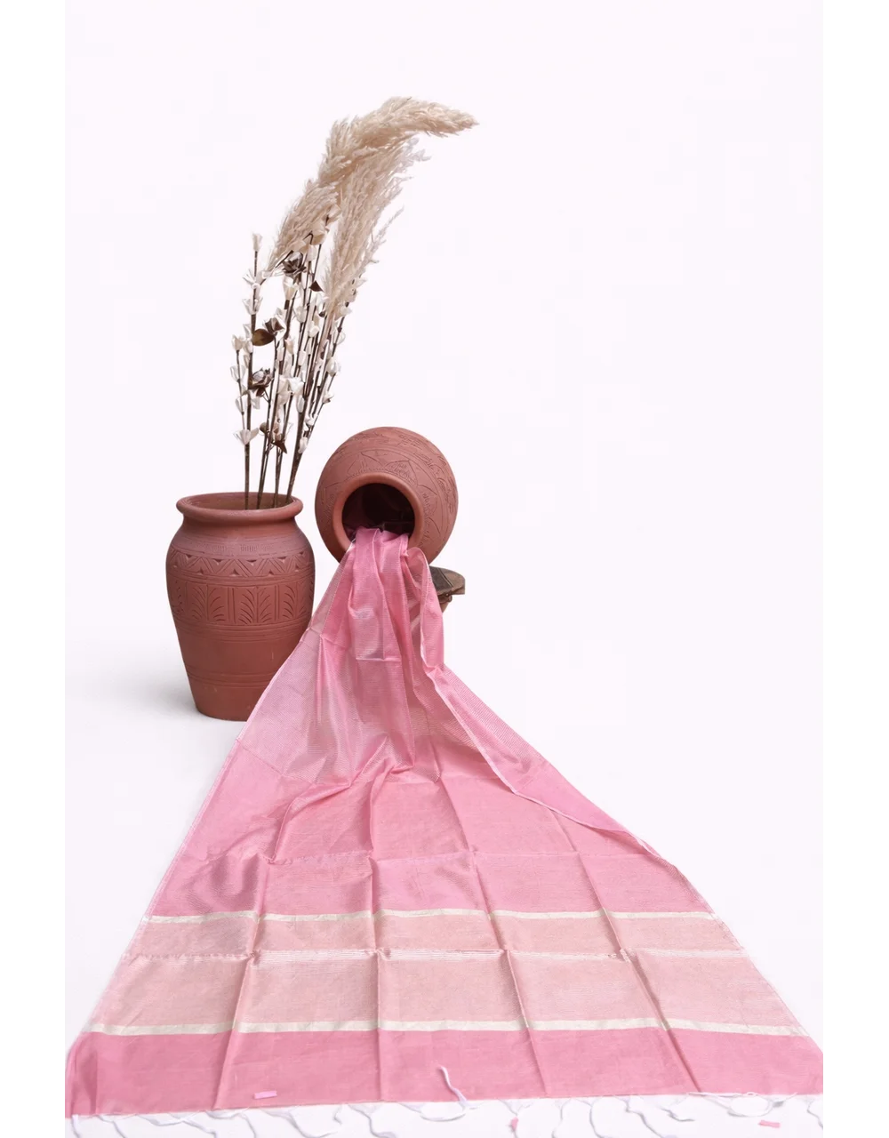 Pink Chanderi Poly Cotton Dupatta With Subtle Gold Border - View 4