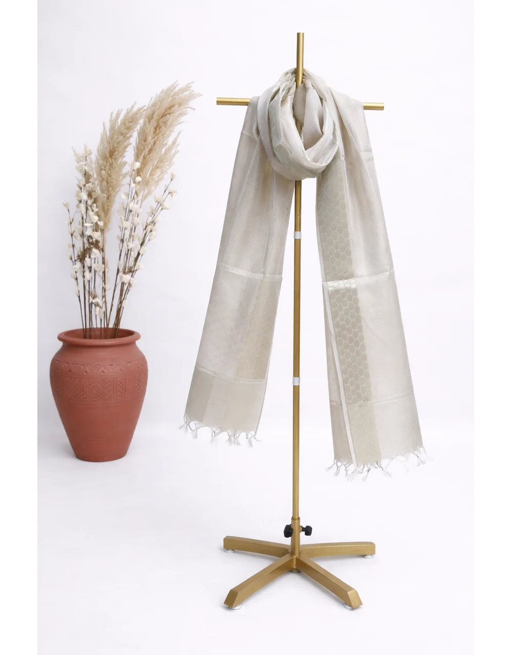 Beige With Woven Border Poly Tissue Jacquard Dupatta