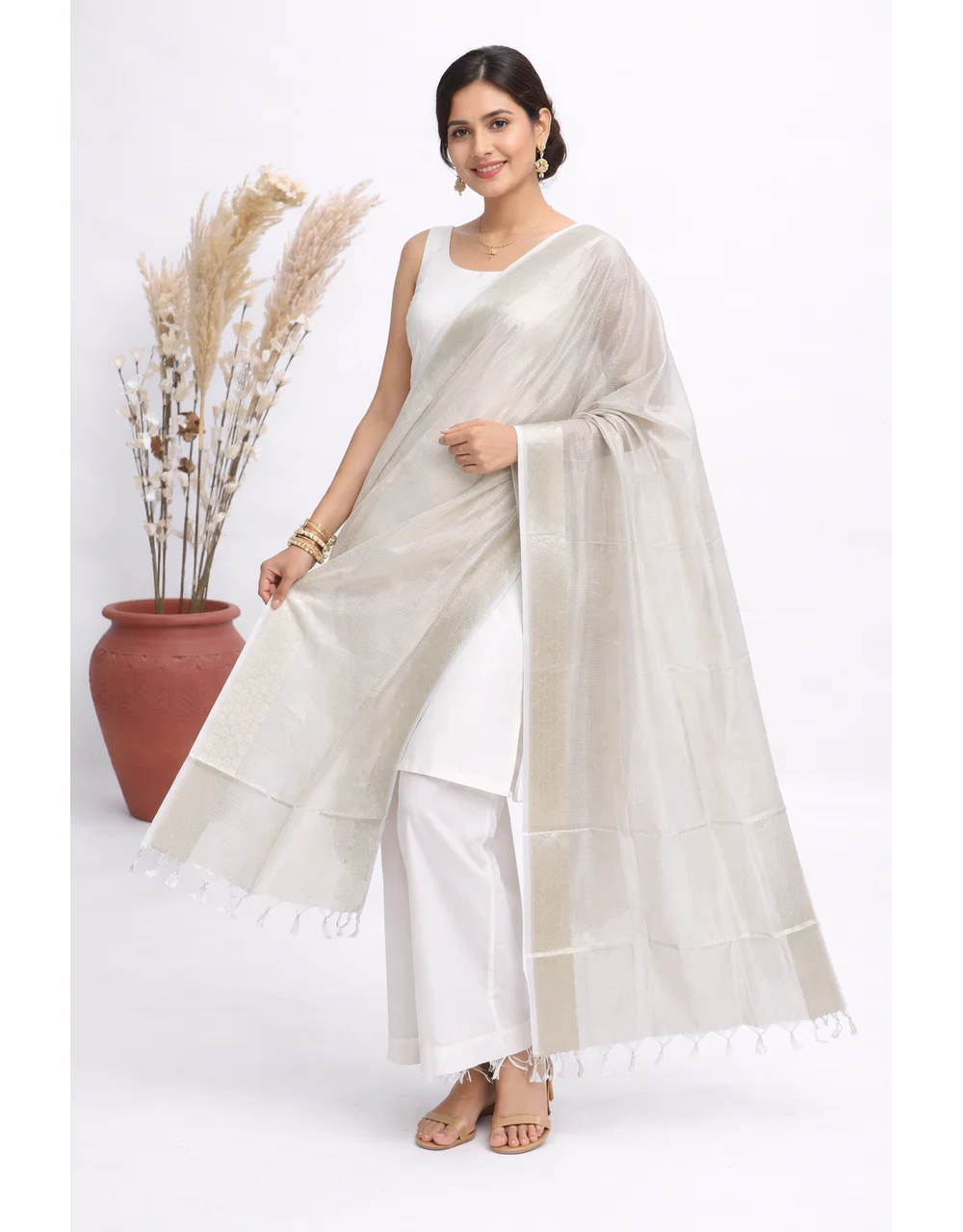 Beige With Woven Border Poly Tissue Jacquard Dupatta - View 4