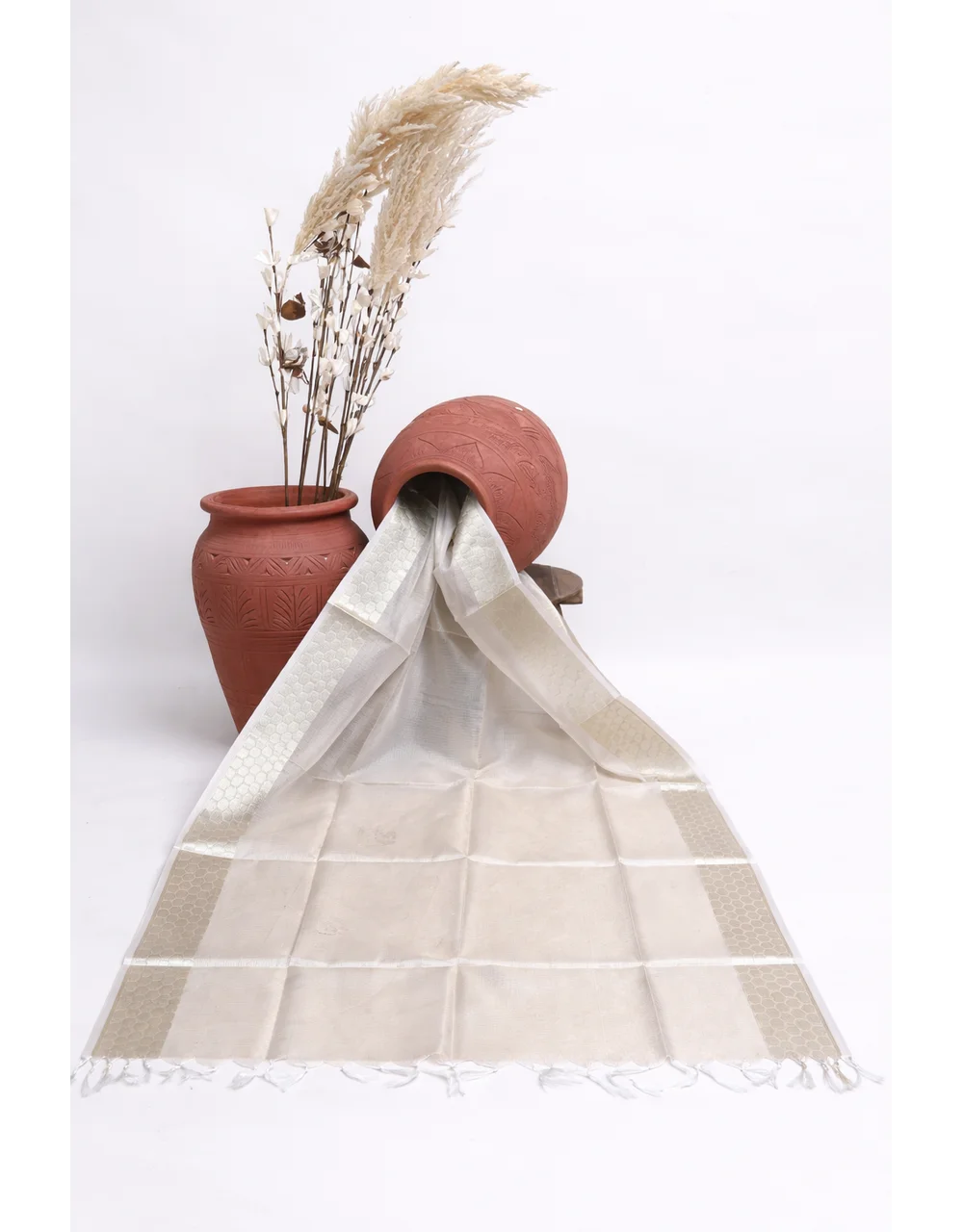 Beige With Woven Border Poly Tissue Jacquard Dupatta - View 3