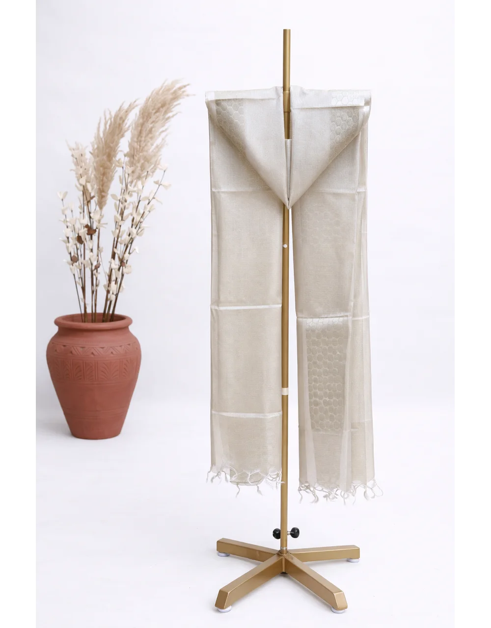 Beige With Woven Border Poly Tissue Jacquard Dupatta - View 5