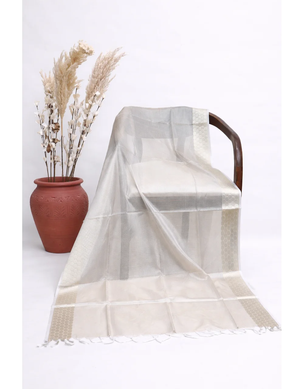 Hovered view of Beige With Woven Border Poly Tissue Jacquard Dupatta