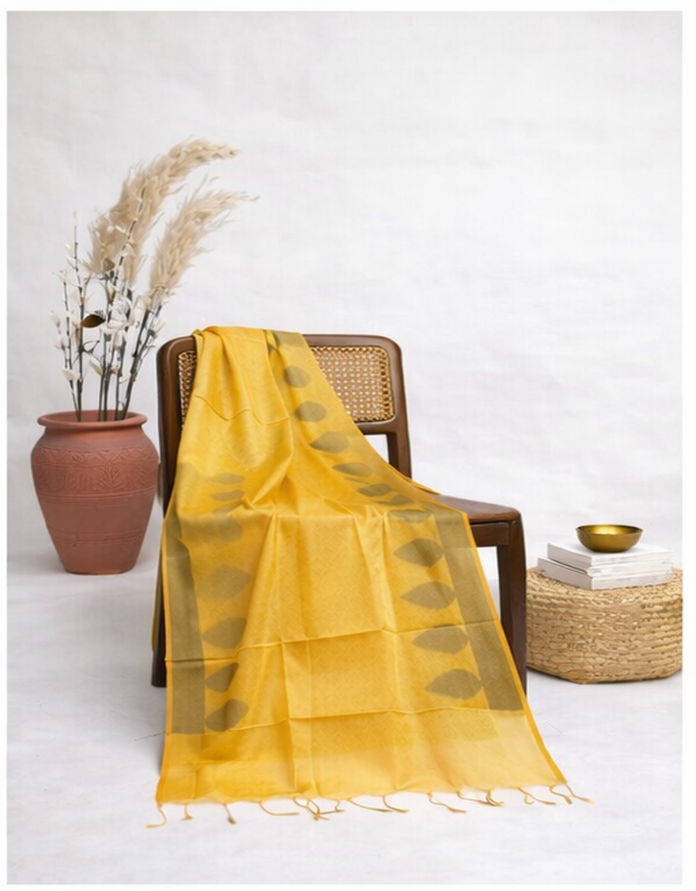 Yellow Brocade Poly Cotton Chanderi  Dupatta - View 4