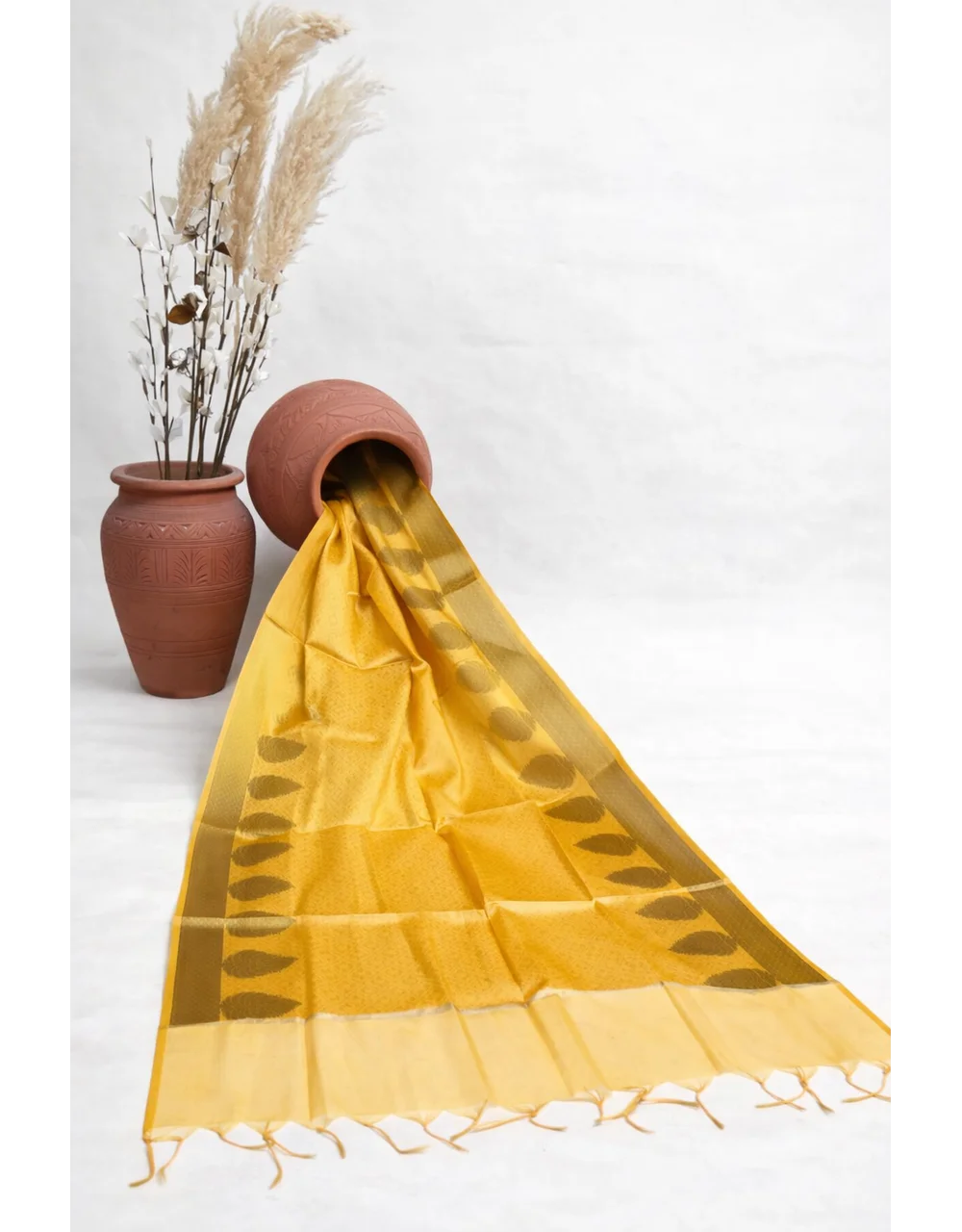 Yellow Brocade Poly Cotton Chanderi  Dupatta - View 3