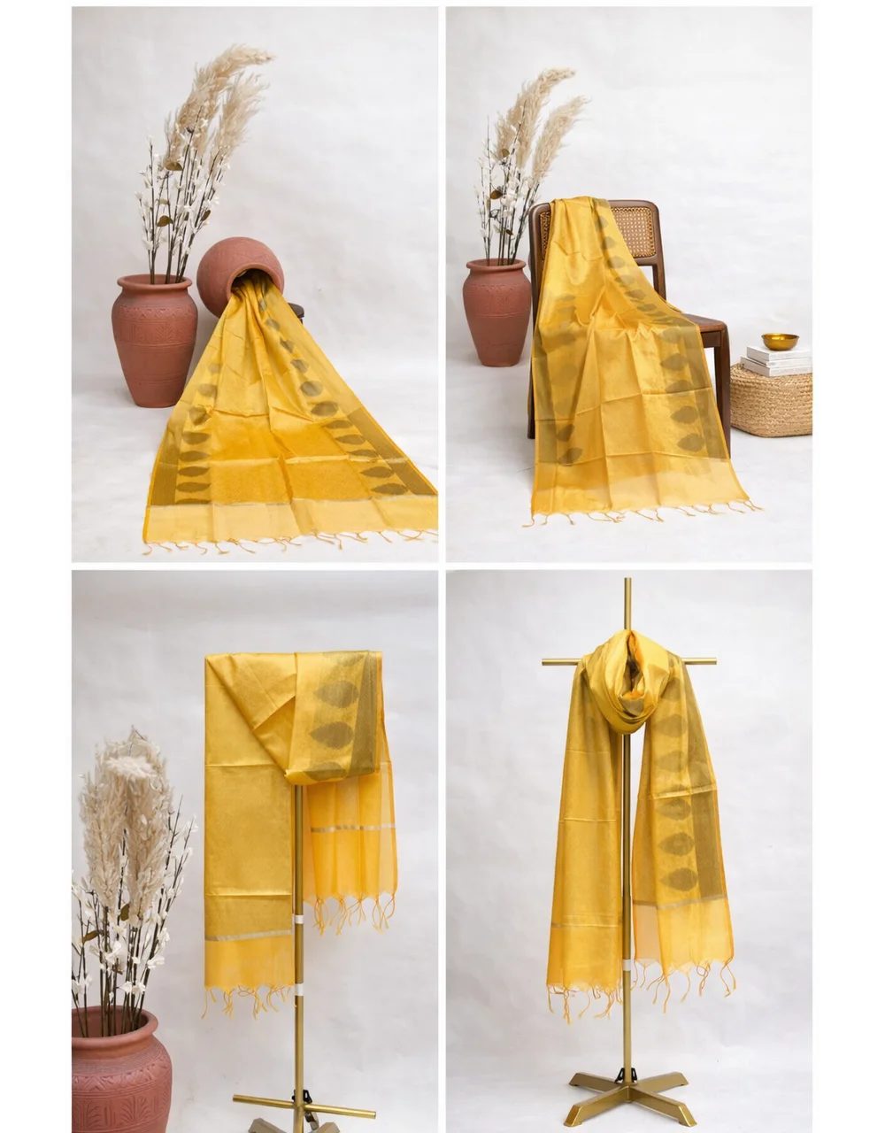 Hovered view of Yellow Brocade Poly Cotton Chanderi  Dupatta