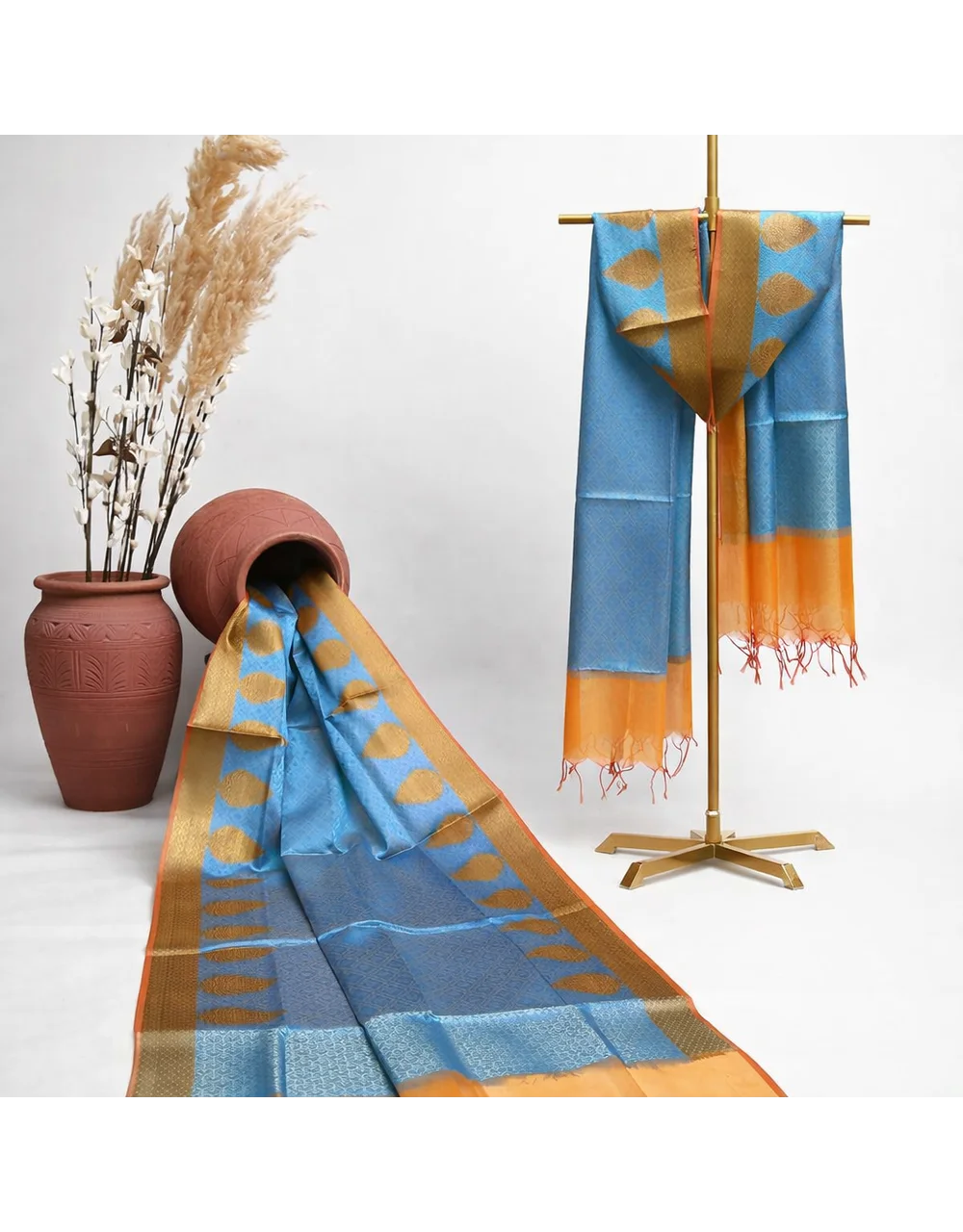 Blue Grey Brocade  With Orange Border Poly Cotton Chanderi Dupatta - View 5