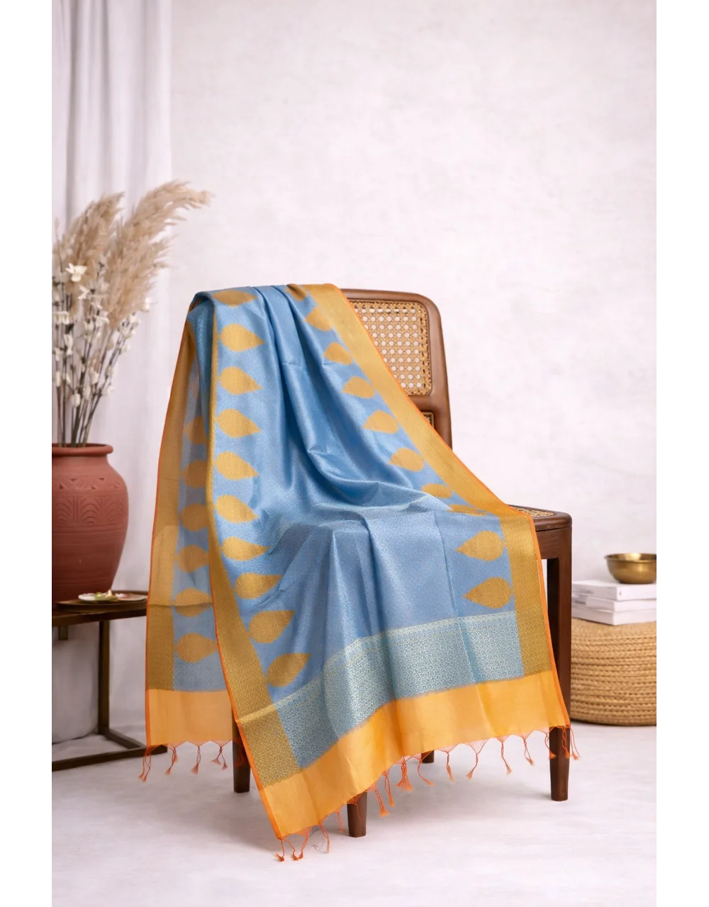 Hovered view of Blue Grey Brocade  With Orange Border Poly Cotton Chanderi Dupatta