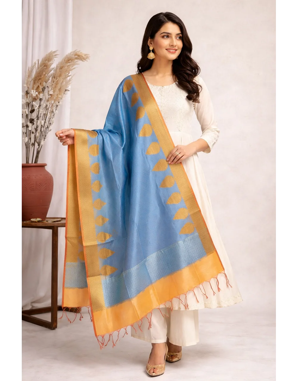 Blue Grey Brocade  With Orange Border Poly Cotton Chanderi Dupatta - View 3