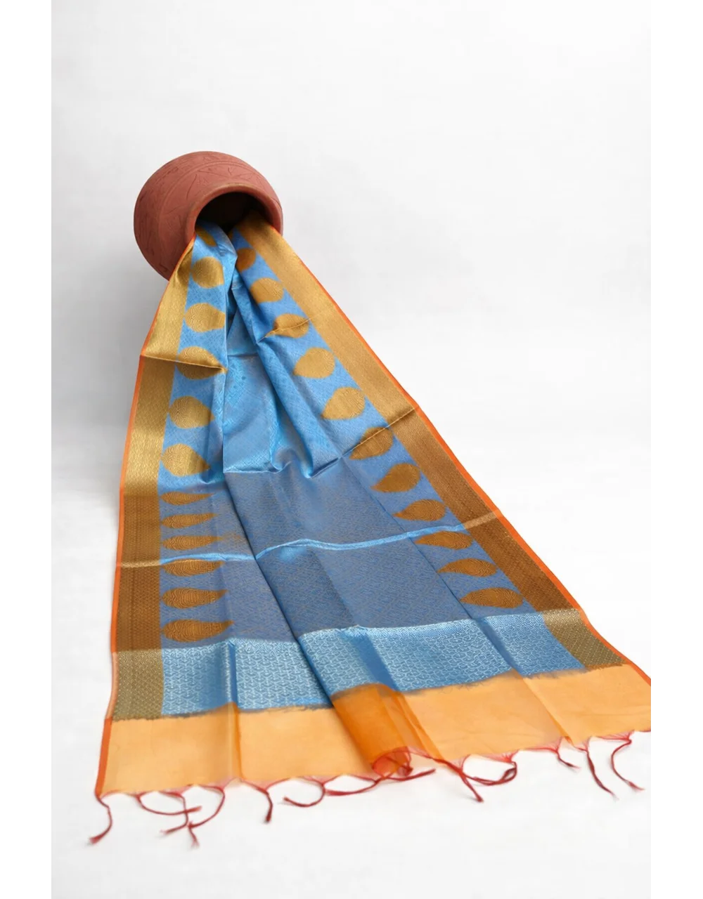 Blue Grey Brocade  With Orange Border Poly Cotton Chanderi Dupatta - View 4