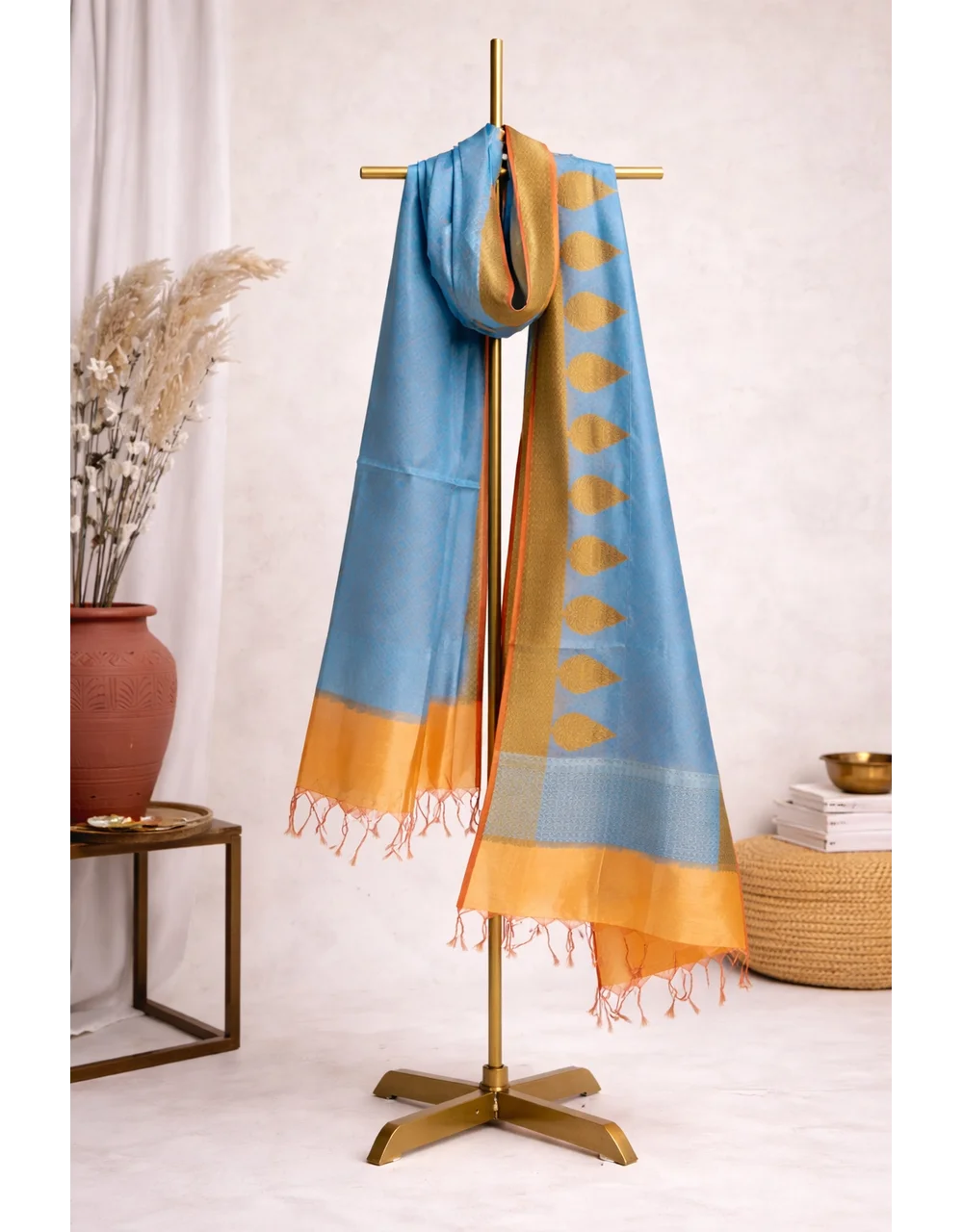 Blue Grey Brocade  With Orange Border Poly Cotton Chanderi Dupatta