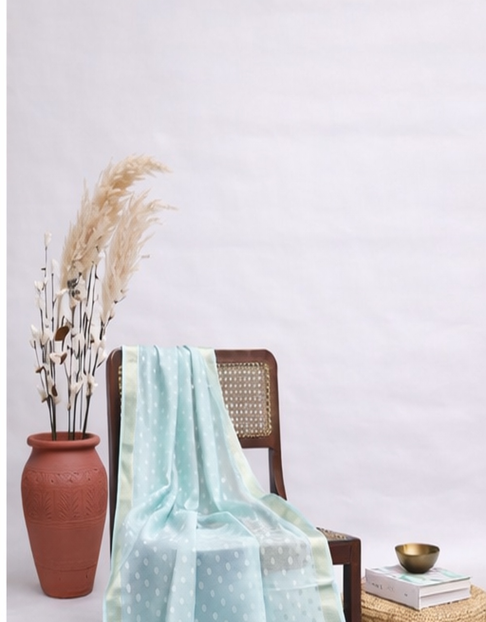 Hovered view of Green Pastel Mint With Gold Brocade Poly Chanderi Gold Brocade Dupatta